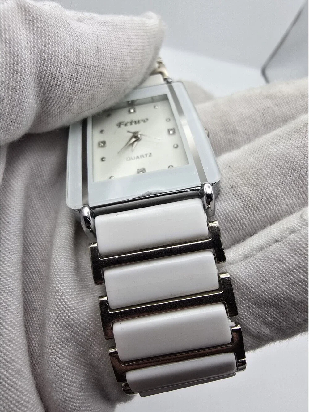 Feiwo Rectangular Quartz Watch White Ceramic Style Bracelet Crystal Markers